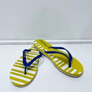 Hurley Flip Flops Yellow White Striped Sandals Blue Strap ~10” Women’s 8-8.5